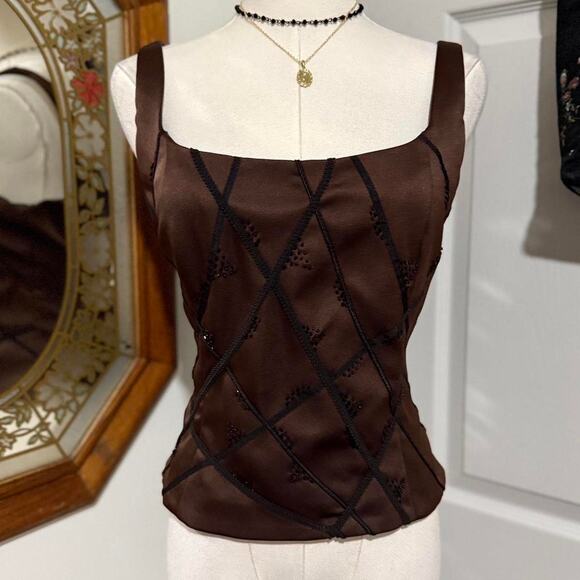 American Vintage Tops - VTG Y2K Sandra Darren Dark Brown & Black Beaded Abstract Tank Top 8/M